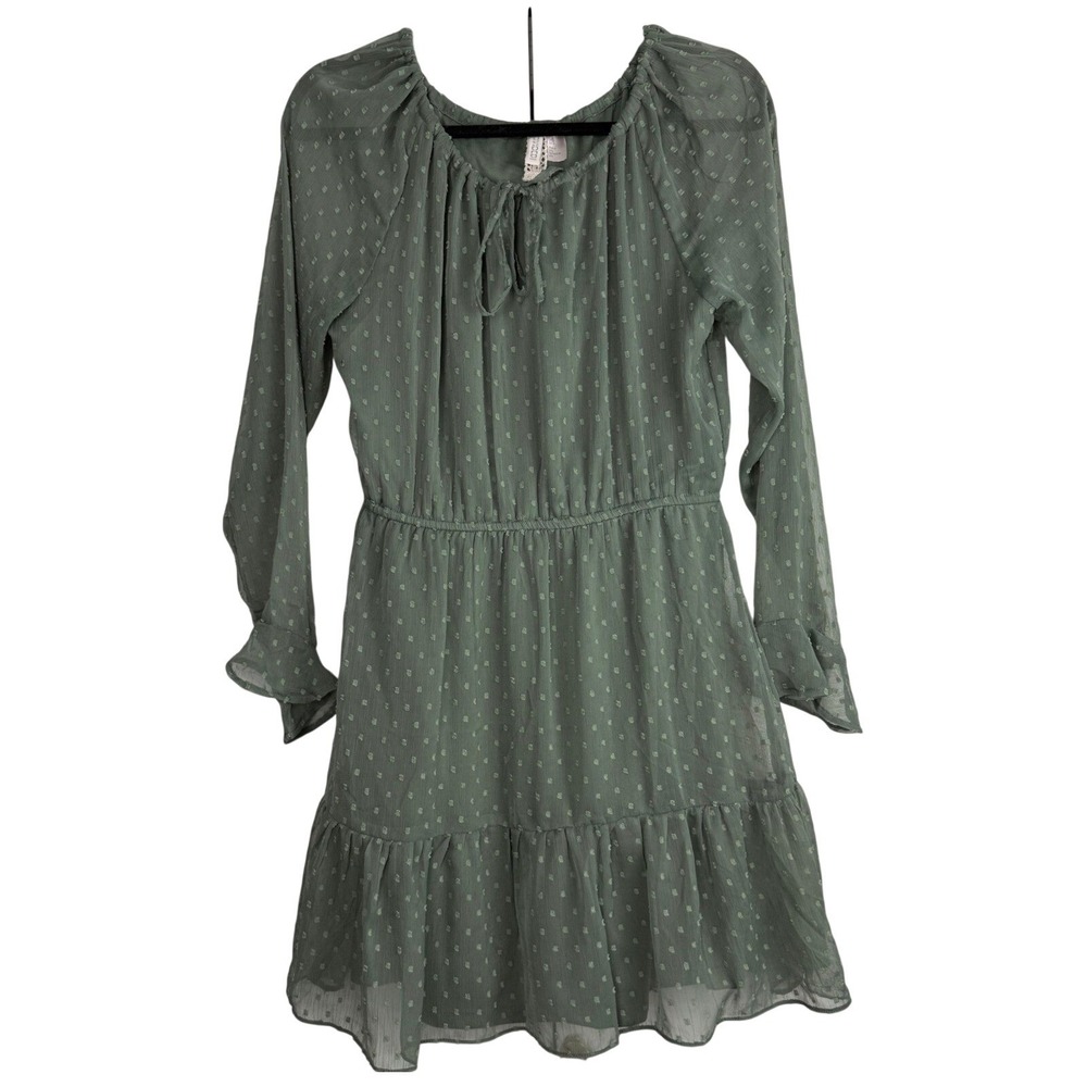 HM Divided Green‎ Swiss Dot Mini Dress Long Sleeve Elastic Waist Ruffle Small